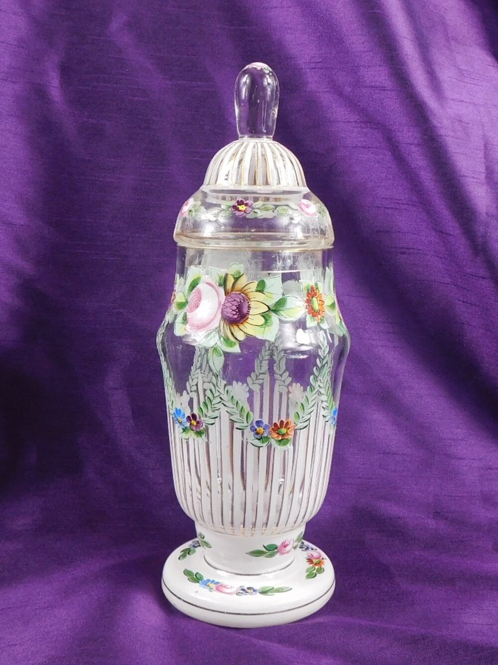Clear Glass Footed Apothecary Jar with Floral Details and Matching Lid # 27081
